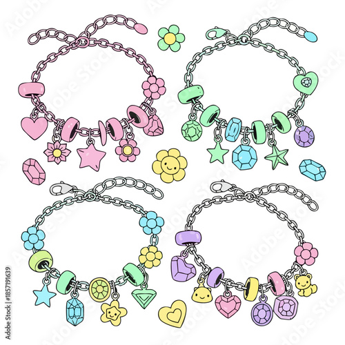 Playful set of four pastel charm bracelets, each featuring cute hearts, stars, flowers, and glittering gems. Ideal for youthful jewelry and accessory design projects