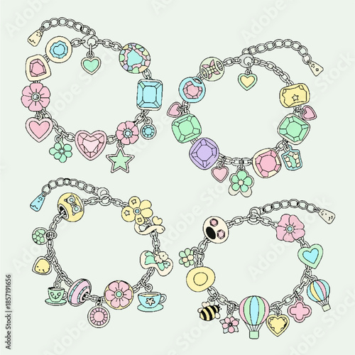 A collection of four whimsical charm bracelets, each adorned with a variety of colorful and decorative pendants like hearts, stars, flowers, teacups, and hot air balloons