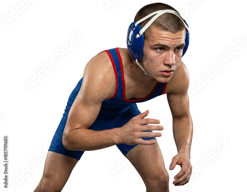 Young Male Wrestler in Blue Singlet and Headgear Ready Pose