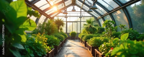 Sunlight streams into a modern greenhouse, illuminating lush plants and creating a bright, inviting atmosphere Ideal for gardening, horticulture, and environmental themes , vegetation, greenhouse