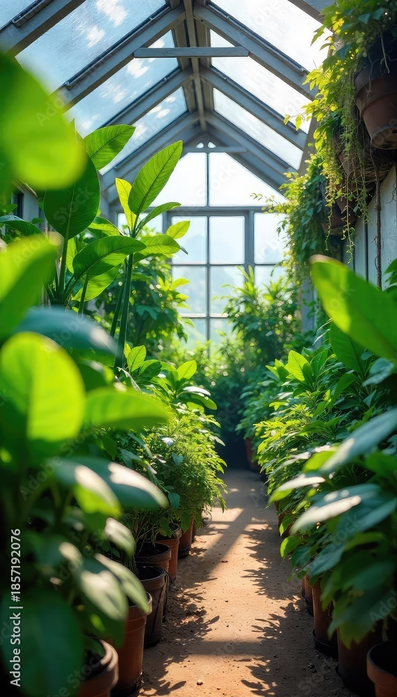 Obraz premium Lush green plants thriving in a modern greenhouse garden, sunlight streaming through the glass roof , produce, eco-friendly