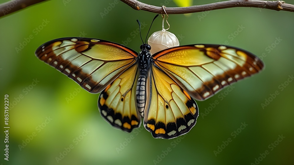 Fototapeta premium chrysalis. Butterfly emerging from its chrysalis, wings unfolding in transformation. wildlife magazines, conservation campaigns, designed for nature documentaries and education, used by professors.