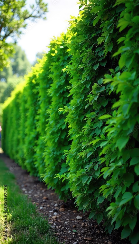 Fototapeta premium A dense, living wall of trees and shrubs, forming a natural barrier Perfect for landscaping, environmental protection, and privacy Offers a vibrant, textured backdrop , barrier, foliage, wood
