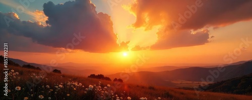 Golden sunbeams pierce through the clouds during a breathtaking sunset, casting long shadows and illuminating the landscape with warm, vibrant hues , serenity, cloud formations, awe inspiring