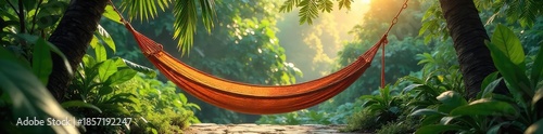 Relaxing hammock sways gently in a lush, tropical garden, sunlight dappling through leaves Perfect escape, peaceful serenity, tranquil scene , foliage, quiet