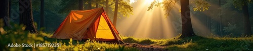 A cozy tent pitched in a lush forest clearing, bathed in the warm glow of morning sunlight Ready for adventure and relaxation in nature's embrace , travel, leaves, ecology
