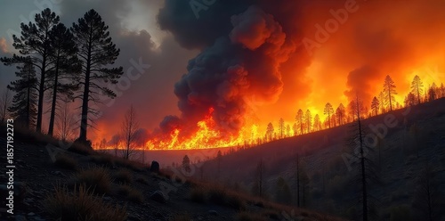 Fiery orange and black smoke billows from a raging forest fire, consuming dry trees and underbrush in a desolate landscape The intense heat and devastation are palpable , smoke, black