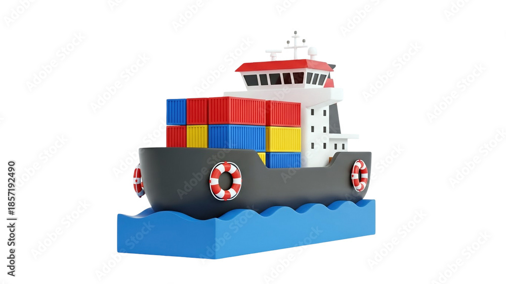 Obraz premium 3D Cartoon Cargo Ship with Shipping Containers on Water on transparent background