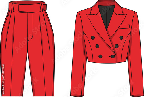 Fashion illustration, red tailored outfit, cropped double-breasted blazer, 