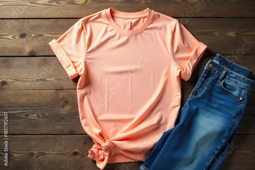 Soft, comfortable t-shirt draped casually on a rustic wooden surface, conveying relaxation and leisure Perfect for apparel, comfort, and lifestyle imagery , comfortable, peaceful, soft