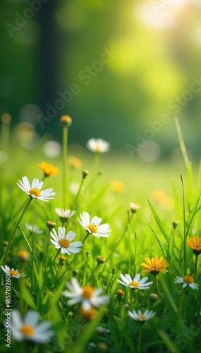 Vibrant green spring meadow bursting with wildflowers, sunlight illuminating delicate petals and swaying grasses A scene of natural beauty and youthful energy , swaying, energy, lovely