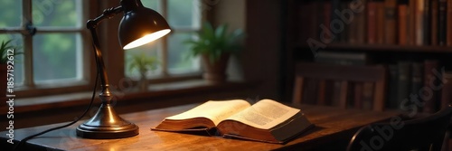 Elegant table lamp illuminates a classic book on a vintage wooden desk, casting a warm, inviting glow Perfect for home office, library, or study themes , classic literature, library