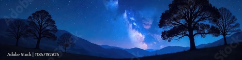 Silhouetted trees against a starlit sky, conveying a sense of mystery and quiet contemplation during the night Perfect for spiritual, mystical, and nature-related themes , sacred, quiet