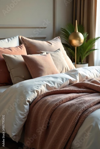 Luxurious bedding arrangement with plush pillows and a textured throw blanket, creating a cozy and inviting bedroom scene , luxurious, fabric