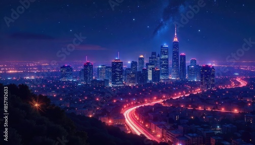 A vibrant cityscape at night, twinkling stars reflected in skyscraper windows, creating a magical, celestial nightlife scene , skyscrapers, atmosphere