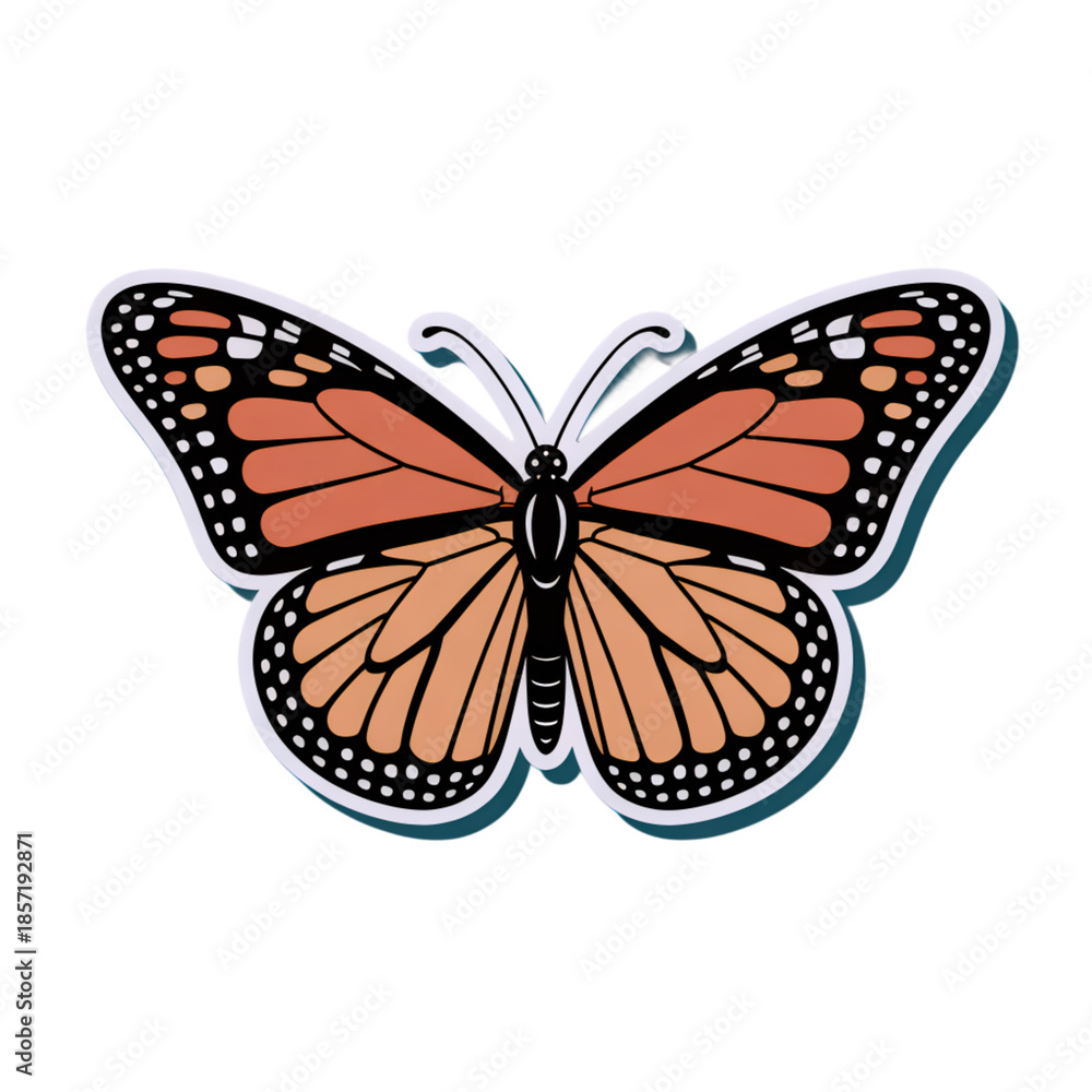 Obraz premium Orange and Black Monarch Butterfly Sticker Illustration with White Outline