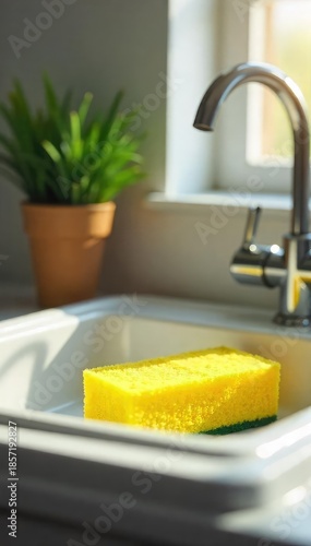 A bright yellow sponge sits in a ceramic sink, ready for cleaning chores Sunlight streams in, highlighting the vibrant color and cleanliness , cleaning equipment, kitchen cleaning, interior