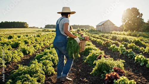 Woman harvesting fresh vegetables in sunlight field with basket