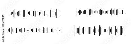 A set of vector audio sound wave icons, illustrating wave forms, voice signals, or digital equalizer patterns in a simple black and white line style.