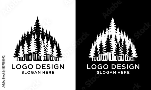 Pine forest logo design with trees in a triangular shape.