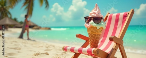A melting ice cream cone drips down a sun-baked beach chair, sunglasses perched precariously on top A hilariously hot summer day scene , funny, funny photo, sand