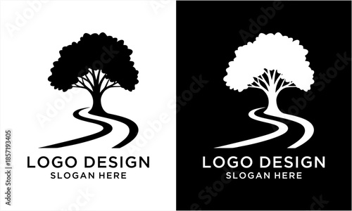 Tree and Winding Path Logo Design in Black and White.