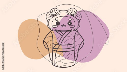 Abstract Line Art Illustration of a Japanese Doll with Purple and Orange Shapes