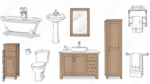 Collection of bathroom furniture and fixtures in sketch style.