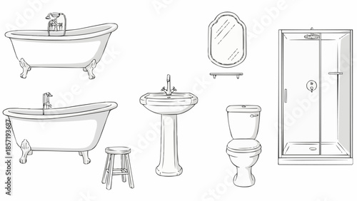 Collection of bathroom fixtures including bathtubs sink toilet shower and mirror.