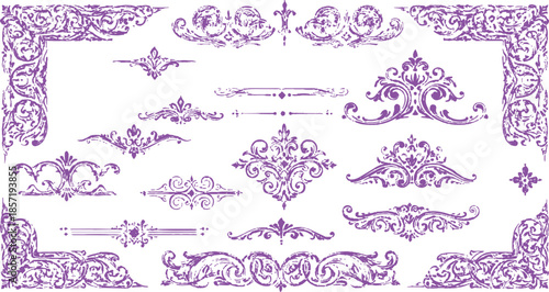 Ornate set vintage of  vector decorative elements featuring floral scroll borders and calligraphic flourishes for victorian frame design and retro ornamental card labels