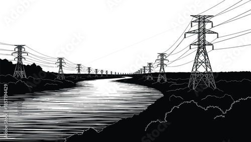 High voltage transmission towers, electricity pylons along river landscape, black and white vector illustration, energy infrastructure, power lines, industrial technology scene, perspective depth