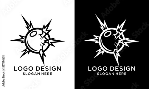 Dynamic explosion logo design with a cracked sphere and sharp, radiating lines, symbolizing impact and energy.