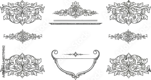 Vector illustration set of vintage ornate frames and decorative floral design elements featuring victorian calligraphic scrolls and retro ornamental borders
