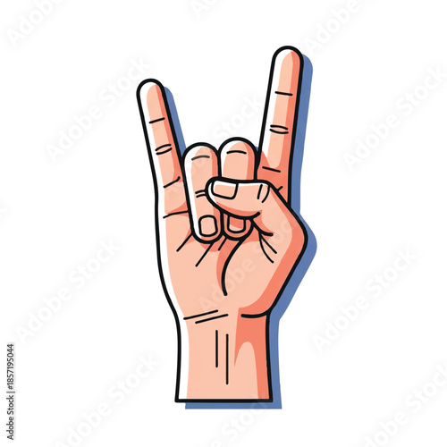 Rock and roll sign hand gesture, a trendy minimalist Flat 2D illustration conveying energy, excitement, and coolness against a clean white background.