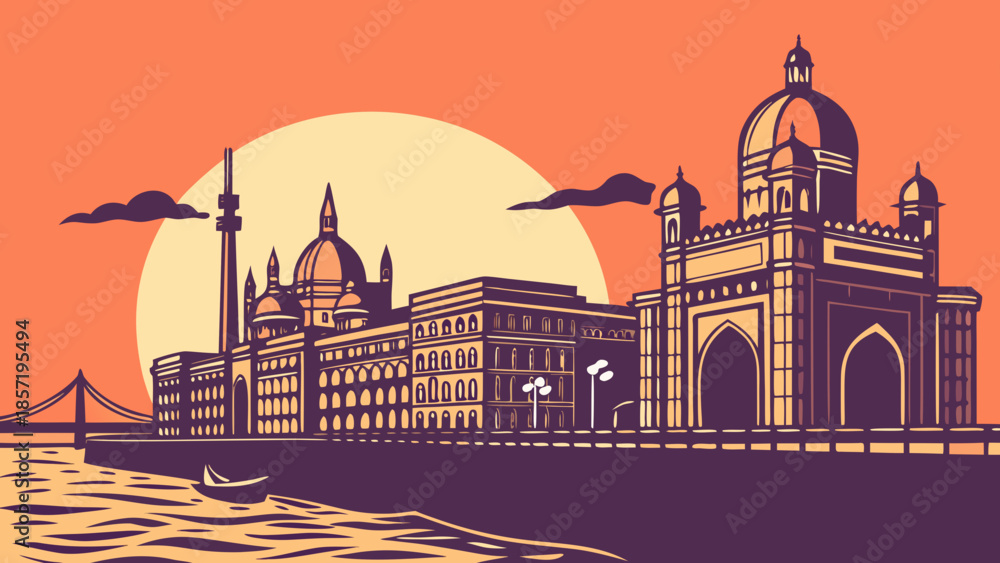 Naklejka premium Mumbai skyline featuring the iconic gateway of india against the seaside horizon. Suitable for travel brochures, websites, and blogs.