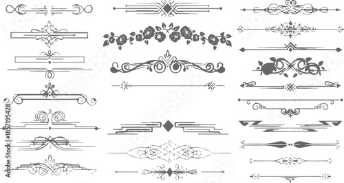 Ornate set of vintage calligraphic design elements featuring victorian floral swirls, retro banners, and decorative vector page dividers for elegant frame and border illustrations