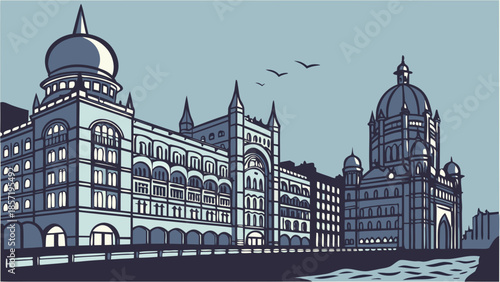 Mumbai skyline artistic rendering buildings near gateway of india at twilight. Suitable for travel blogs, website banners, and city guides.