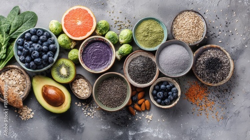 Various fresh healthy products on grey table, top view. Healthy food clean eating selection: fruit, vegetable, seeds, superfood, cereals, leaf vegetable on gray concrete background