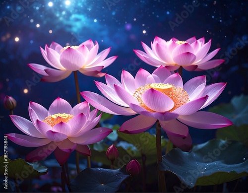 Illuminated pink lotus flowers, serene blue background, sparkling lights
