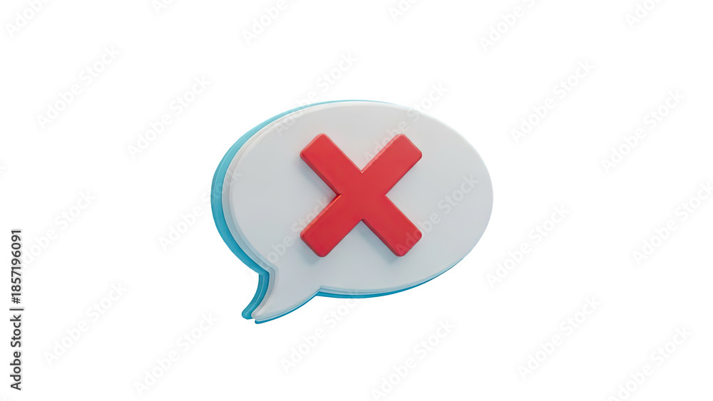 Fototapeta premium 3D Red X mark in a speech bubble icon on transparent background