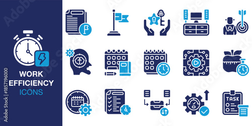 Work Eficiency Icon set. Containing priority, schedule, deadline, teamwork, collaboration and more. Solid vector icons collection. Vector illustration.