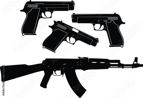 Collection of black firearm silhouettes including handguns, pistols, and assault rifle isolated on white background, tactical weapon set for military and 