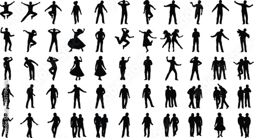 Mega black silhouette vector set of diverse people and couples in various poses, standing, dancing, walking, and posing figures, isolated graphic collection on white background