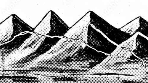 Black and white illustration of rugged mountain range with sharp peaks and detailed texture