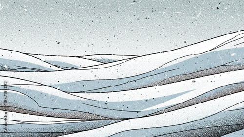 A serene landscape of gentle rolling hills with wavy lines in shades of blue, white, and gray, set against a speckled background