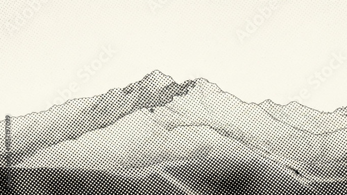 Halftone mountain range landscape with dotted texture, gradient effect, and white background, illustration of peaks and hills