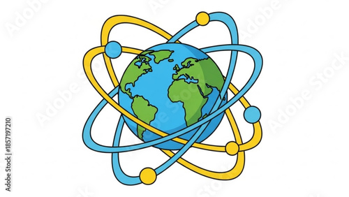 Vibrant illustration of earth surrounded by colorful atomic orbitals and electrons in space