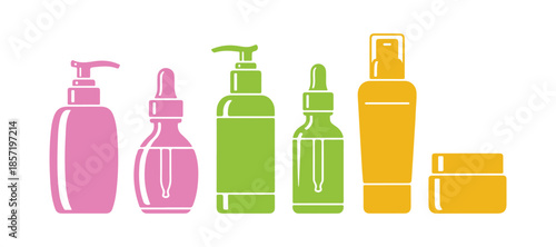 Graphic of a skin care bottle set. Beauty vector on a white backdrop.

