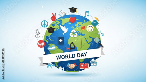 World day celebration with diverse icons on a globe with a white banner, symbolizing peace, education, and unity