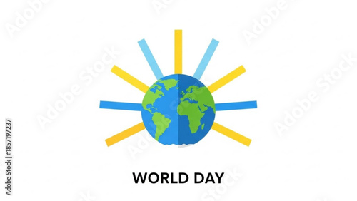 Vibrant illustration of earth with sun rays celebrating world day on a white background with blue and yellow rays